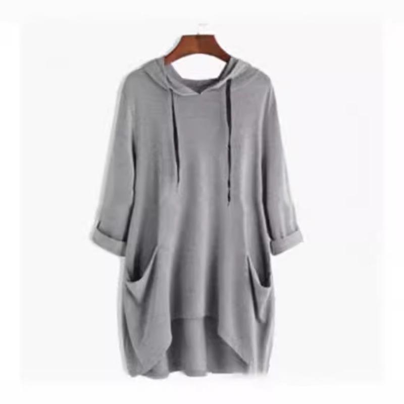 Spring Autumn Women's Hooded Solid Color Loose Long T-shirt Irregular Long Sleeve Pocket Pullover Top