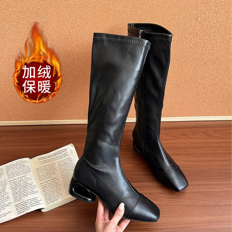 Fashion Vintage Low Heel Woman Knee High Boots Shoes Fashion Ladies Elegant Square Toe Knight Booties