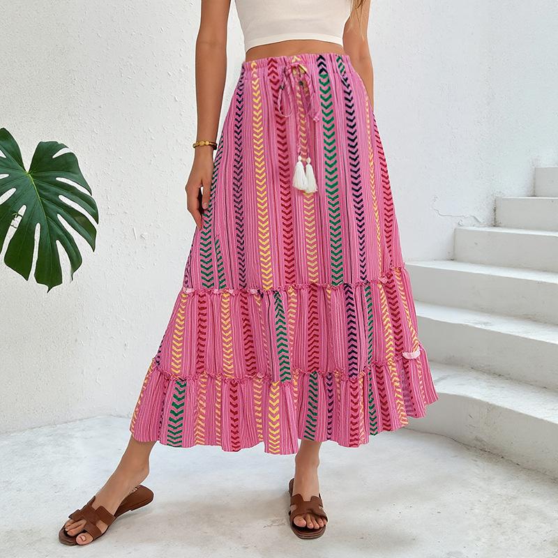 A New Summer Personalized Vacate-style Women's Dress with Tassel LACES and Ethnic Striped Prints