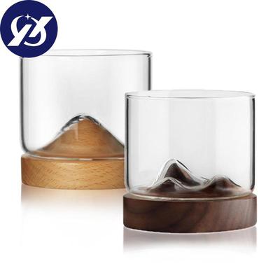 120ML Transparent Mountain W Skey Glass with Wooden Base Heat Resistant Beer Glass Wine Water Tea Cup Set Bar Drinkware