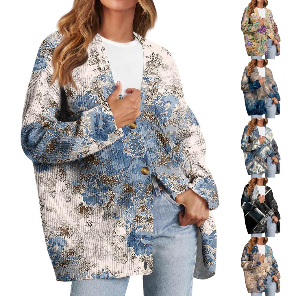 Women's Fashion Long Sleeve Christmas Print V-Neck Button Loose Cardigan Top