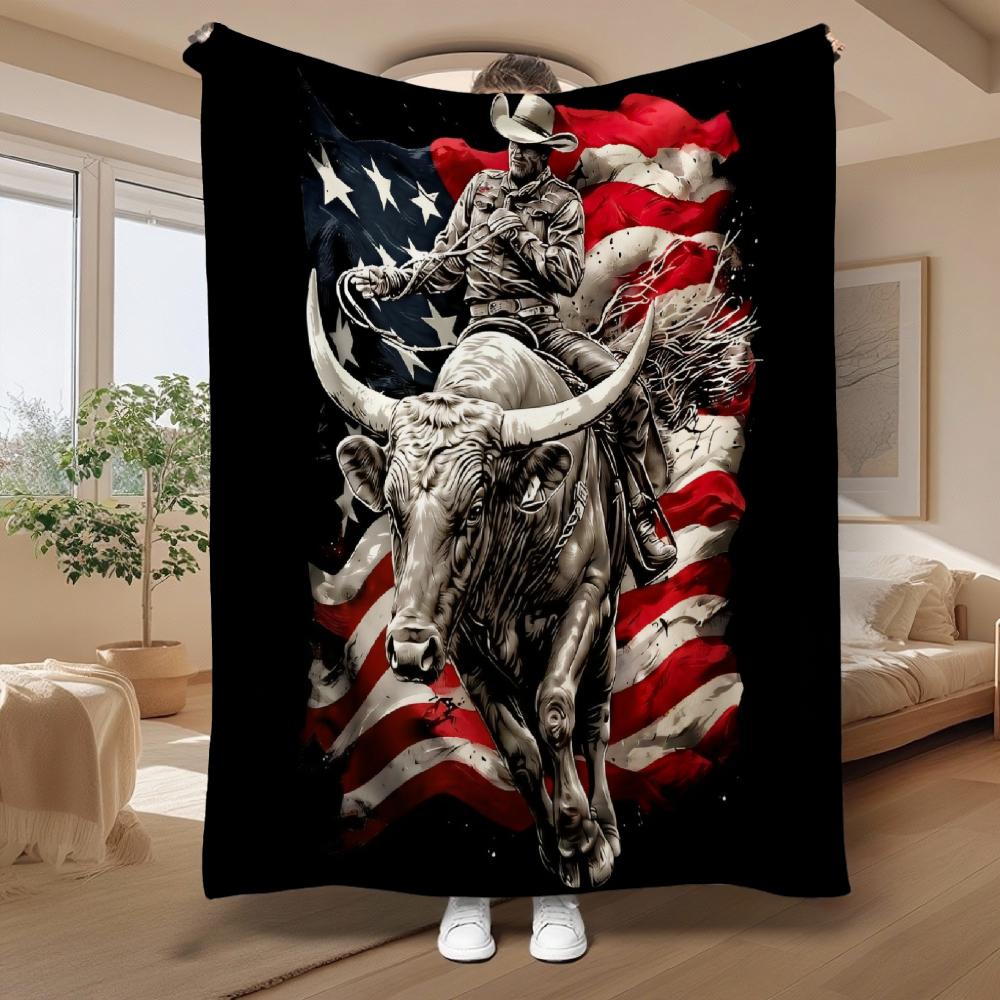 American Western Cowboy Longhorn Flannel Throw Blanket, Ultra Soft HD Digital Print, Vintage Western Style Blanket for Home Sofa Car Camping, Foldable
