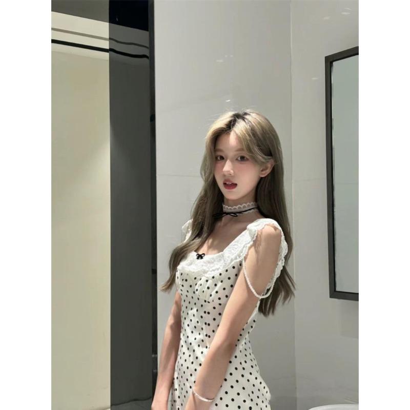 Elegant Woman Dress Sweet Lace Patchwork Polka Dot Satin Sleeveless Ruffles Square Collar Fashion Mini Dresses Party Sexy Ladies