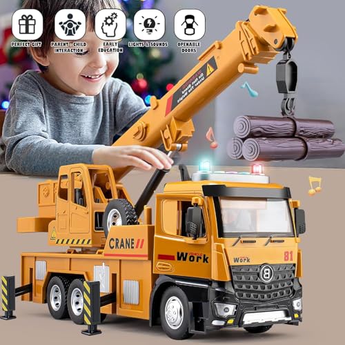 Huang Yem Construction Vehicle Toy, Crane, Construction Truck, Work Vehicle, Alloy Construction Car with Telescopic Boom and Light and Sound Effects,