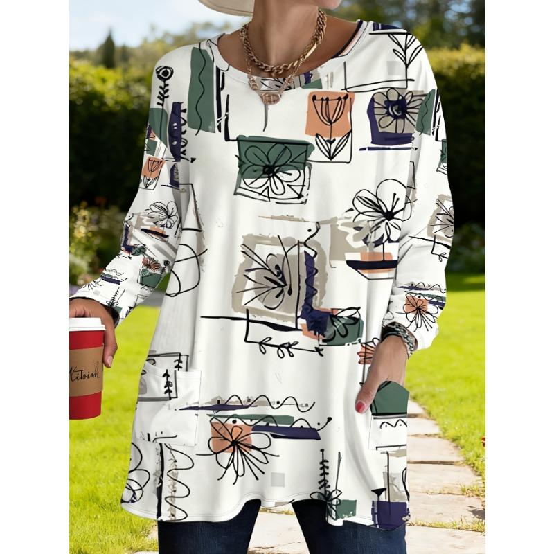 Women s plus size loose top with pocket design and artistic print S