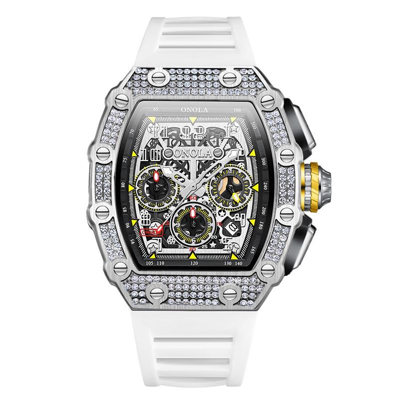 New Fashion Full Diamond Top Brand Multi-function Waterproof Quartz Men's Watch Silicone Band Sports Watch