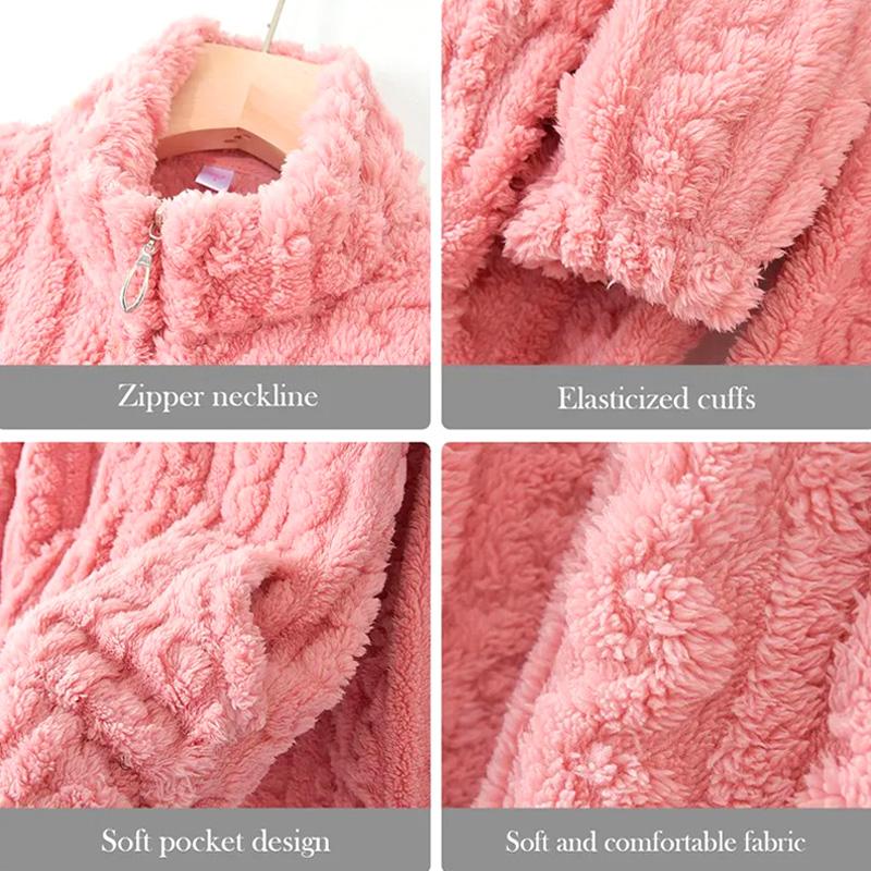 Frauen Bequeme Homewear Lange Ärmeln Zipper Anzüge Einfarbig Pyjamas Set Korallen Fleece Frauen