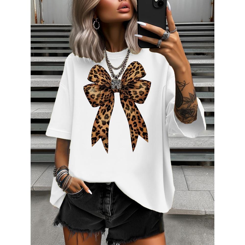 

Модная женская футболка большого размера Оригинальный дизайн Леопардовый принт с бантиком Женские повседневные топы с круглым вырезом и коротким рукавом 3XL