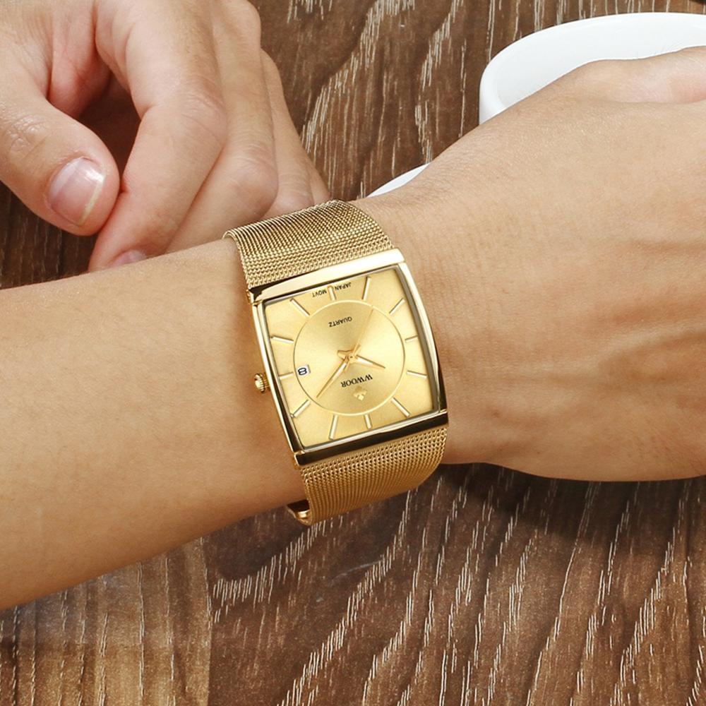 Top Brand WWOOR Quartz Watch Men Square Waterproof Business Men's Watches Luxury Black Steel Strap Sport Wrist Watch