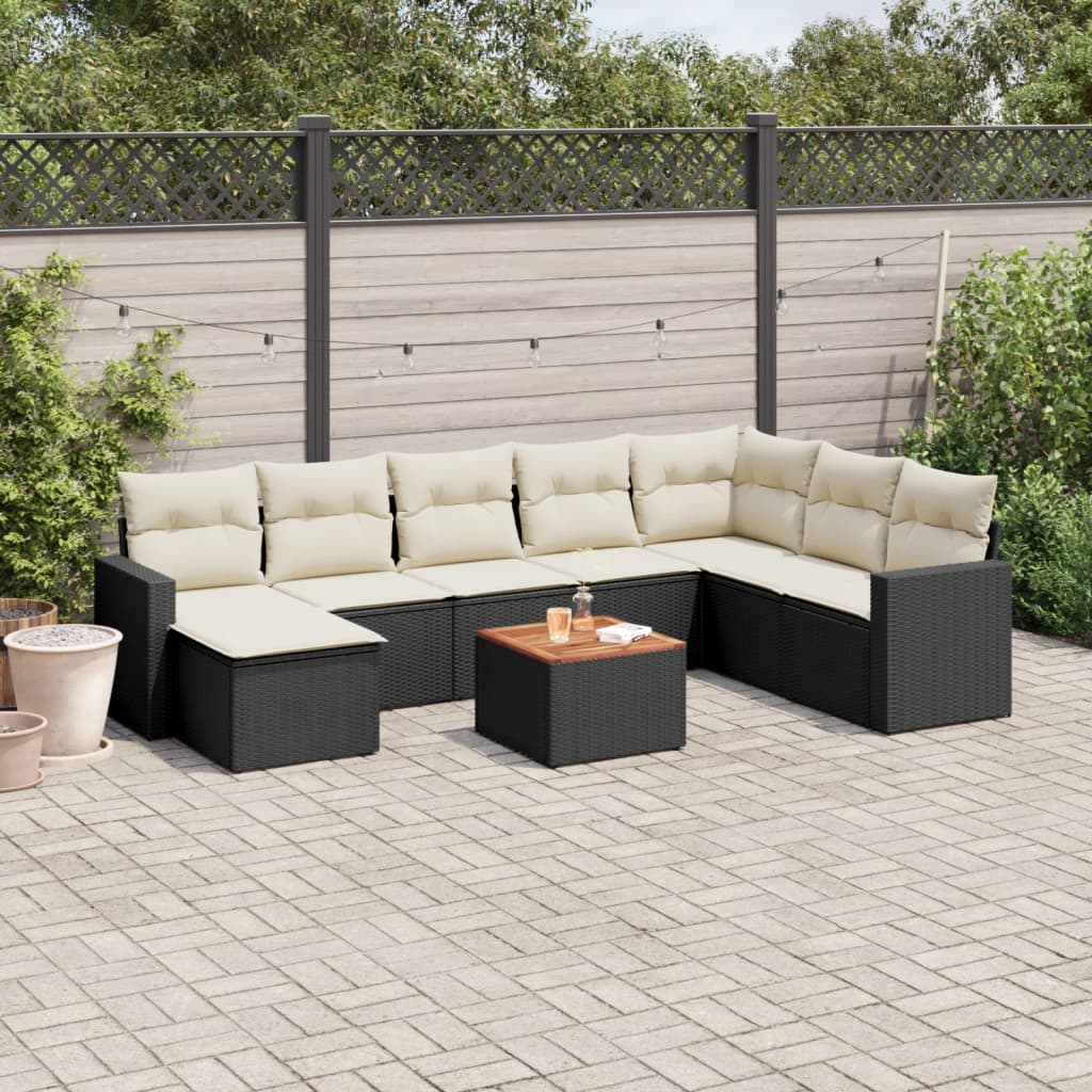9-teiliges Gartensofa-Set mit Kissen Schwarzes Poly-Rattan