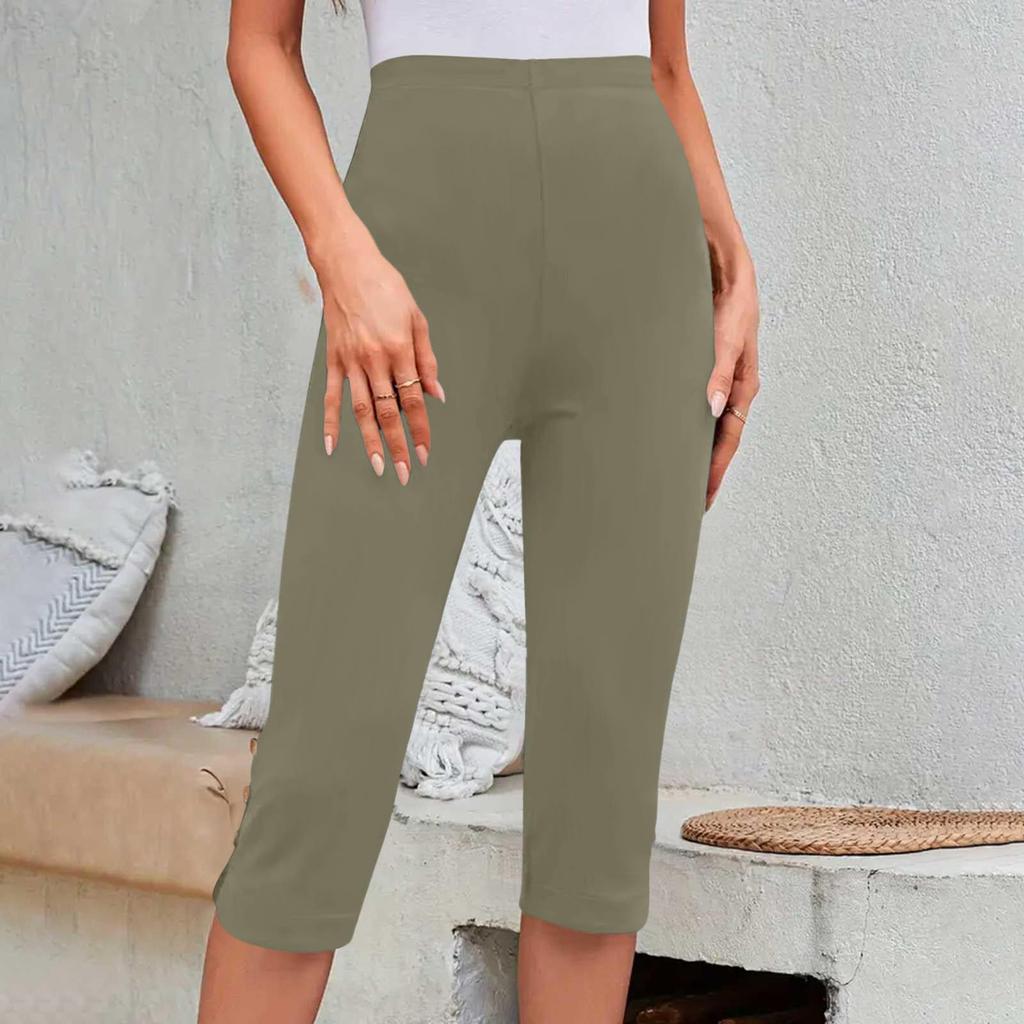 Women's Fashionable Solid Color High Waist Slimming Casual Elastic Waist Bottom Cropped Pants