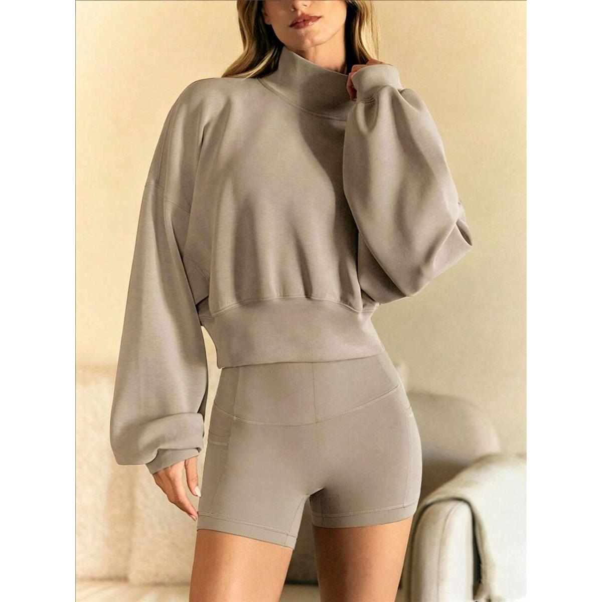 Dames Mock Neck Gebreide Crop Top Lange Mouwen Los Casual Effen Kleur Pullover Trui Blouse XS kaki