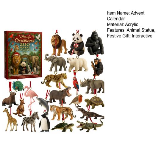 Merry Christmas Zoo Advent Calendar Tiger Panda Bear Shape Statue Animal Patterned Countdown with 24 Surprises Hanging Decoration