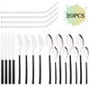 20Pcs/Set Rose Gold Cutlery Set Stainless Steel Tableware Knife Fork Spoon Straw Dinnerware Set Kitchen Flatware Silverware