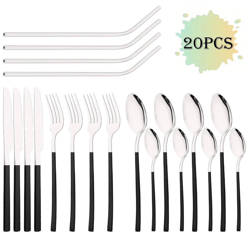 20Pcs/Set Rose Gold Cutlery Set Stainless Steel Tableware Knife Fork Spoon Straw Dinnerware Set Kitchen Flatware Silverware