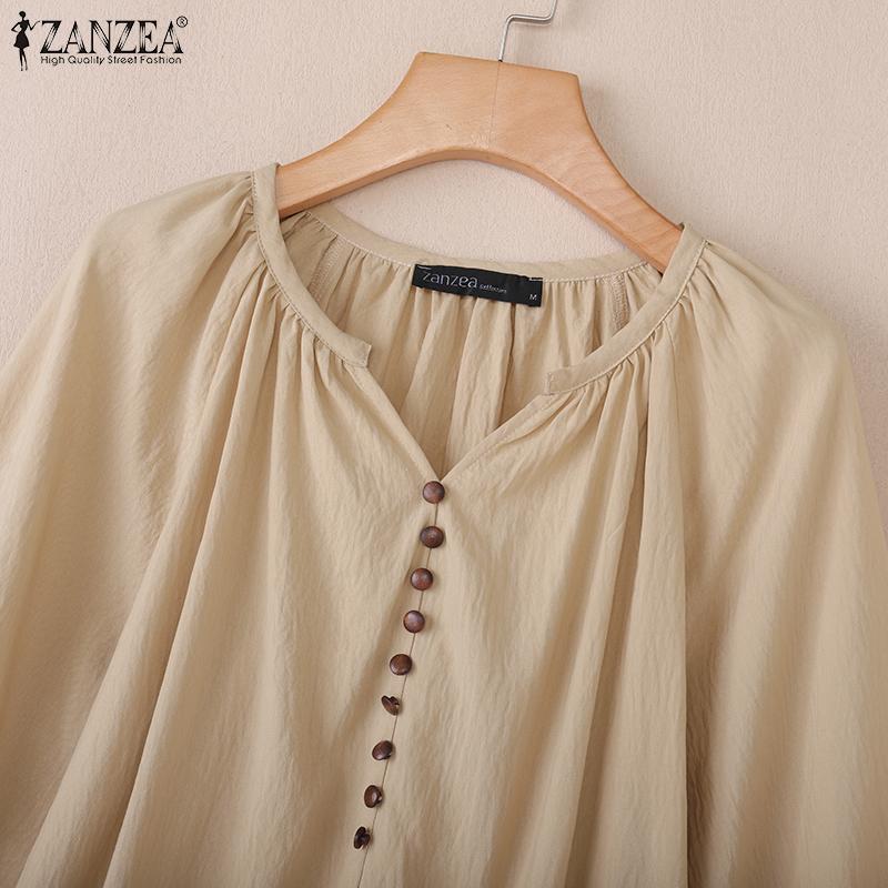 ZANZEA Women Casual V-Neck Solid Color Loose 3/4 Sleeve Blouse