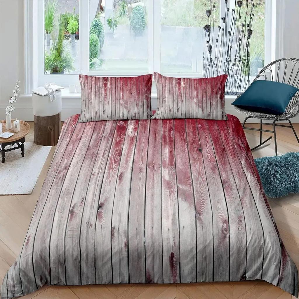 Rustic Wooden Barn Duvet Cover Set Wood Rustic Bedding Set Full King Size,Farm Farmhouse Comforter Cover,Plank Wall Quilt Cover