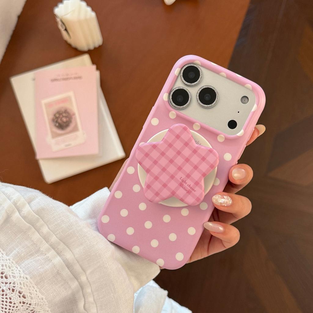 Korean Full Screen Polka Dots With Plaid Stars Magnetic Bracket Phone Case for 17 16 15 14 Pro Max Shockproof Soft Cover