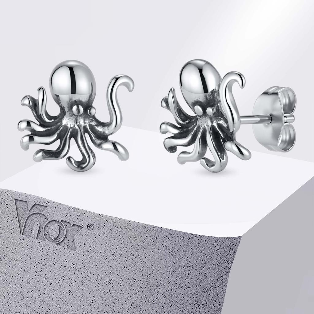 Vnox Stainless Steel Octopus Stud Earrings for Men Women, Animal Punk Hip Hop Earring for Party, Vintage Piercing Jewelry Gifts