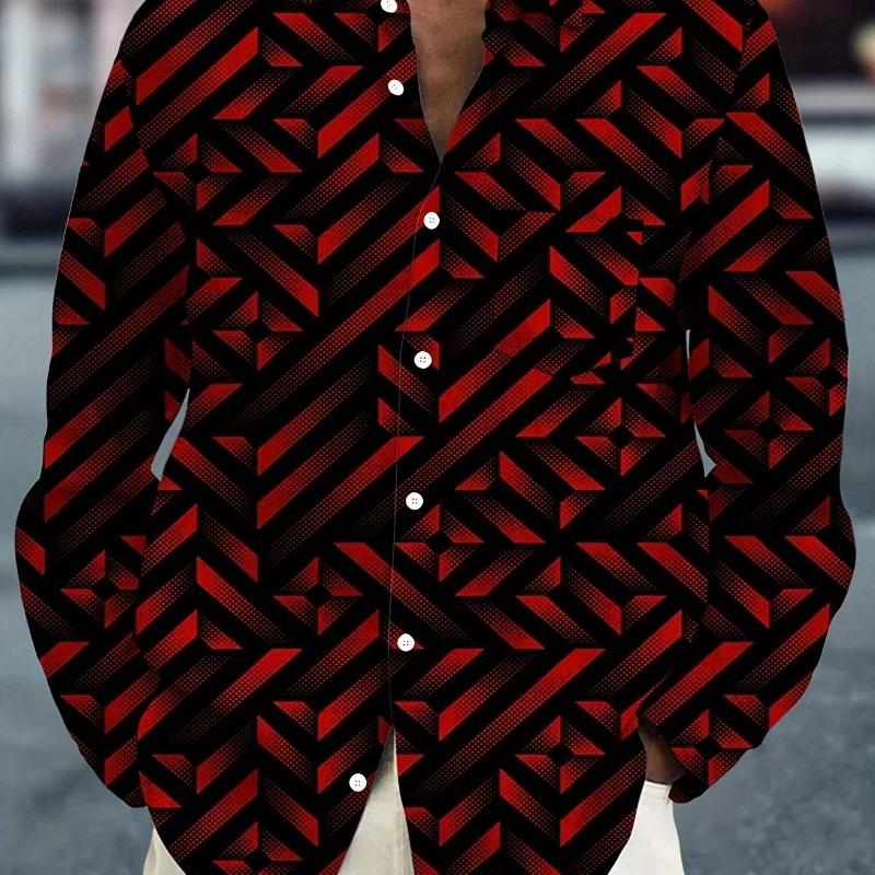 Geometric Plaid Gradient Print Men s Large Size Button Pocket Short Sleeve Long Sleeve Shirt S