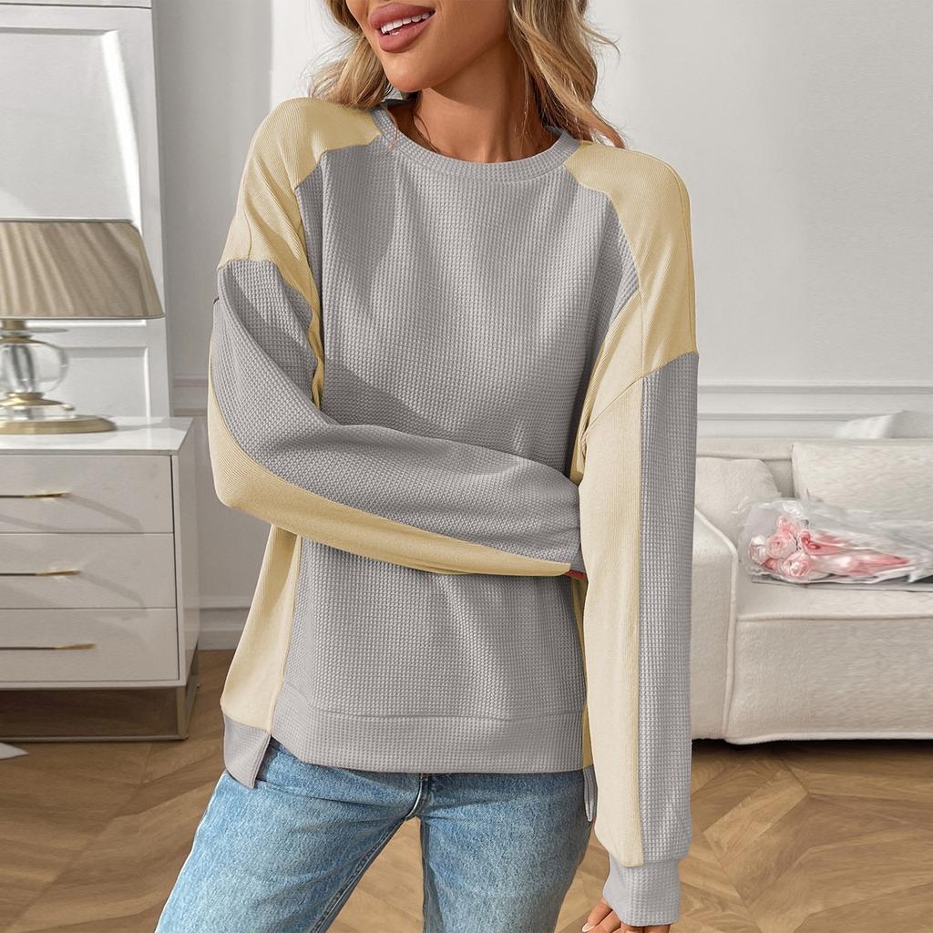 Women's Round Neck Casual Loose Contrasting Long Sleeved Hoodie Top