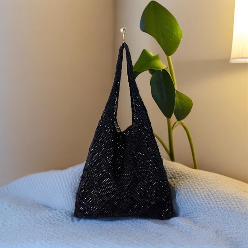 Vintage Hohlstricktasche Gewebte Tasche Damenhandtasche Häkeltasche Einfarbige Hohl-Henkeltasche Reise-Umhängetasche