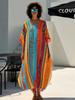 EDOLYNSA 2024 Bohemian Colorful Printed Free Kaftan Mrs Roper Long Dress Summer Vacation Beach Swimsuit Cover Up Cozy Homewear Robe Q1690