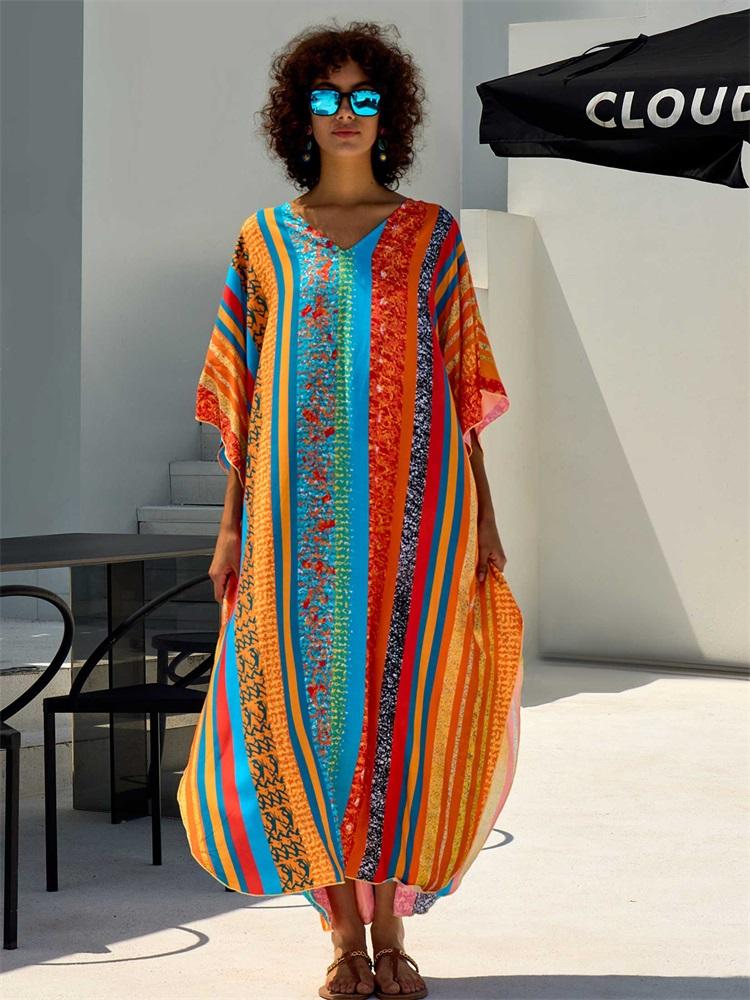 EDOLYNSA 2024 Bohemian Colorful Printed Free Kaftan Mrs Roper Long Dress Summer Vacation Beach Swimsuit Cover Up Cozy Homewear Robe Q1690