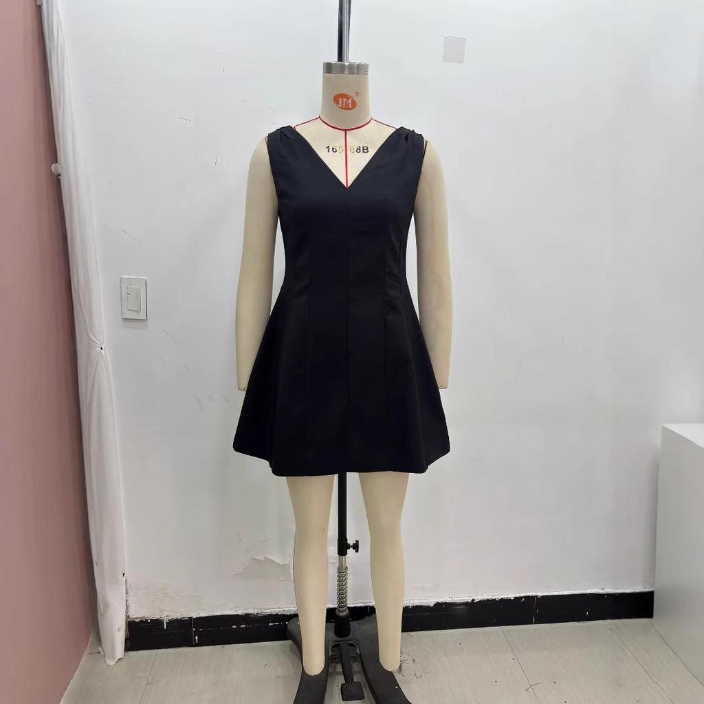 Women's 2024 Winter V-Neck Sleeveless Balloon Mini Dress with Open Back