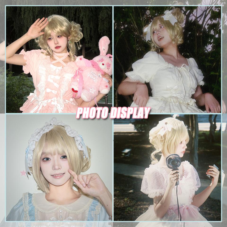 Syntetická paruka WTB Dámská světle zlatá krátké kudrnaté vlasy Bobo Nádherná Lolita Denní styl Rovná ofina Cosplay Party Paruka