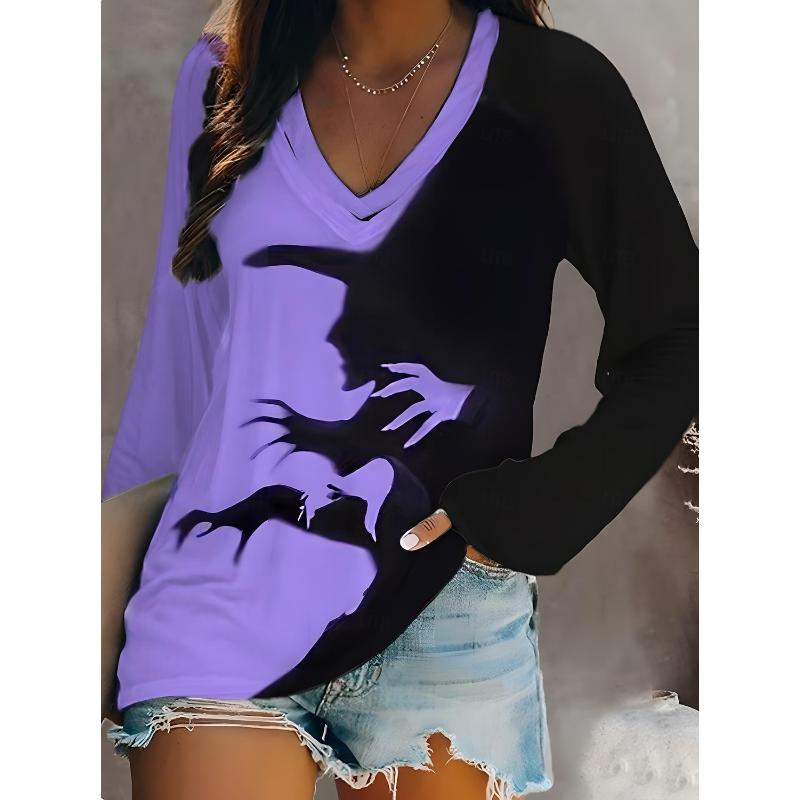 Halloween Fashion Bloody letter 3D Print Graphic Long Sleeve T-Shirt Casual V-Neck Top Polyester Breathable Women's Apparel Tops