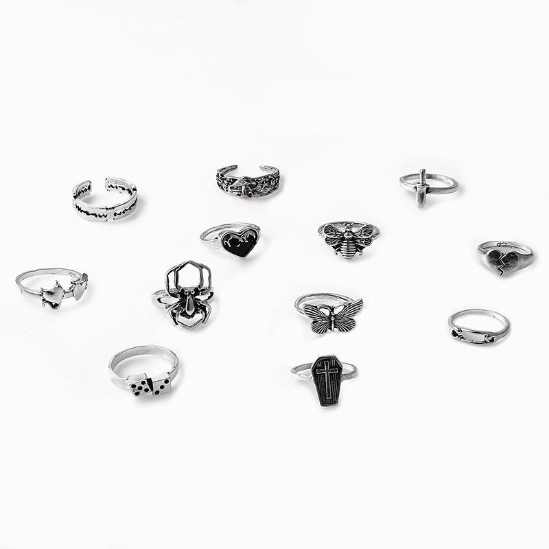 Retro Love Dripping Oil Cross Butterfly Opening Mushroom Spider Ring 12-piece Set for Women