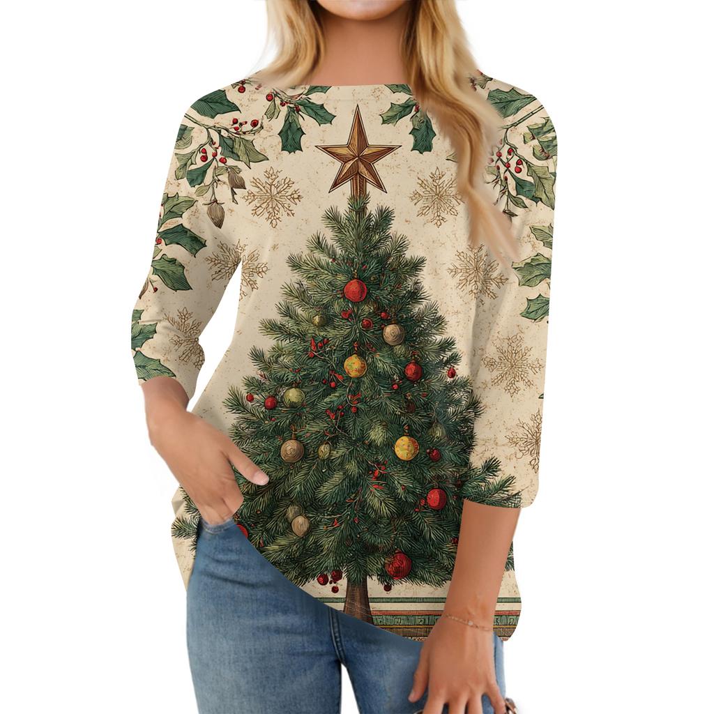 Women's Fashion Casual Round Neck Three-quarter Sleeve Christmas Print T-shirt Top