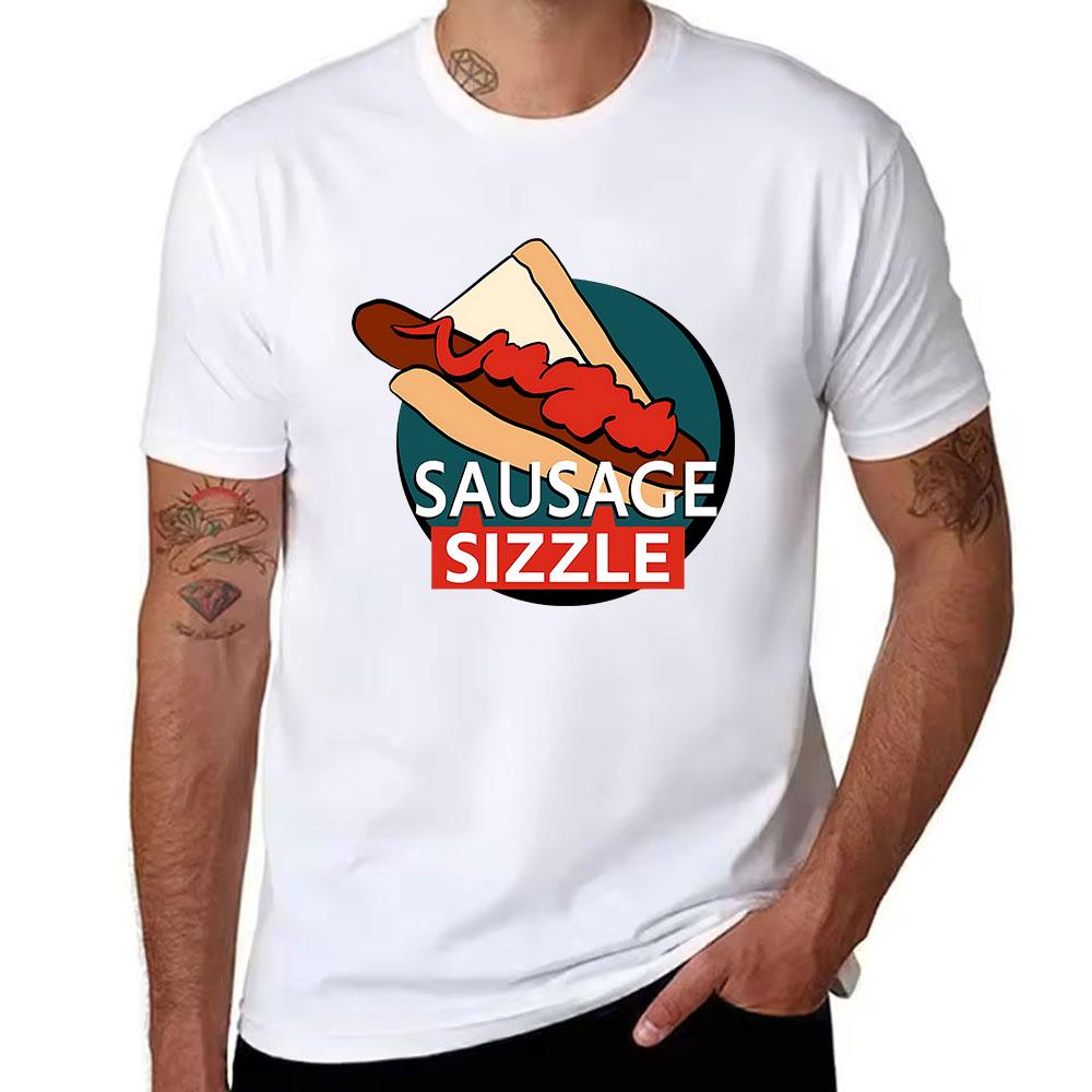Unisexs Cotton Short Sleeve Tshirt With Fun Sausage Sizzle Hot Dog Graphic Casual Summer Tee For Food Lovers