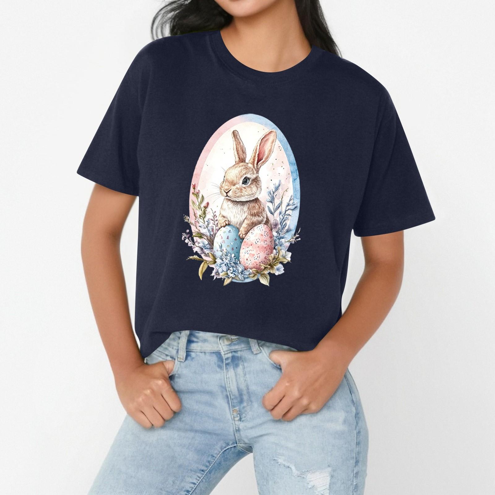 

Женская повседневная свободная футболка с пасхальным принтом, круглый вырез, пуловер, короткий рукав, топ XXL тёмно-синий