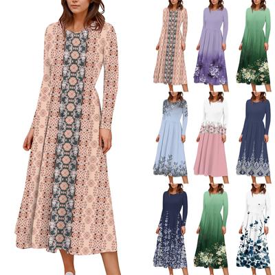 Women's  Floral,Gradient Print Midi Boho Dress Casual Long Sleeve Flowy Smocked Dresses With Pocket  Holiday Dresses for Women