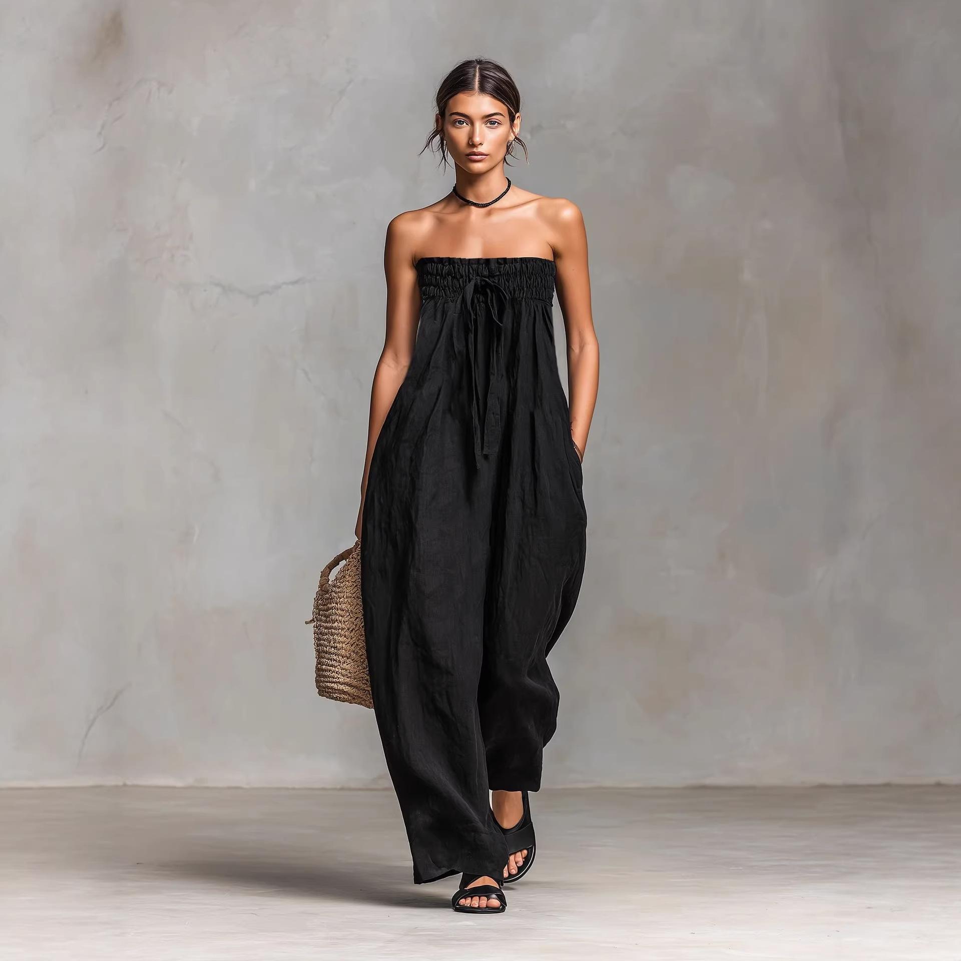 European and American spring and summer new cotton and linen blended simple strapless tube top jumpsuit XS