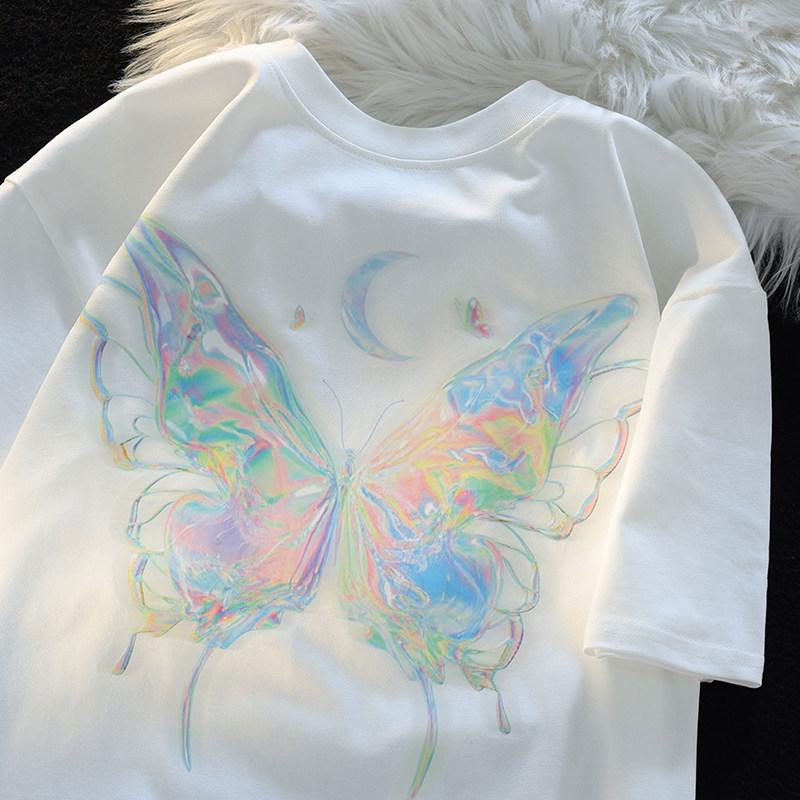 

Japanese Trendy Unisex Butterfly Print Cotton Loose Fit T-Shirt for Summer – Plus Size Available 3XL (156-170 jin) белый