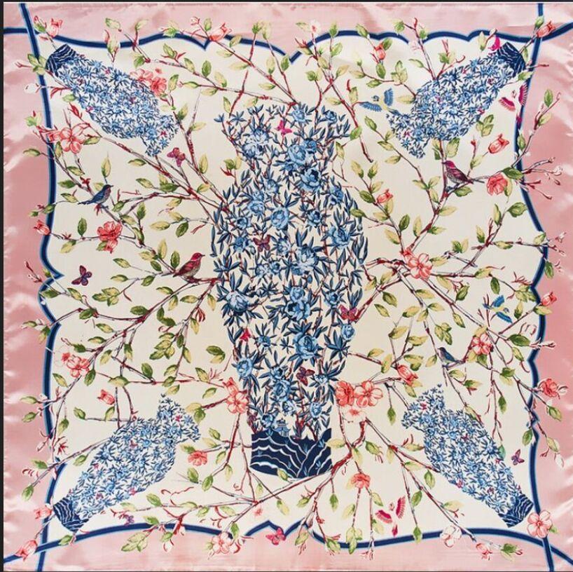 90*90cm  Luxury Brand Women Chinese Silk Floral  Scarfs Female European Style Square Scarves Spring Summer Shawls For Ladies