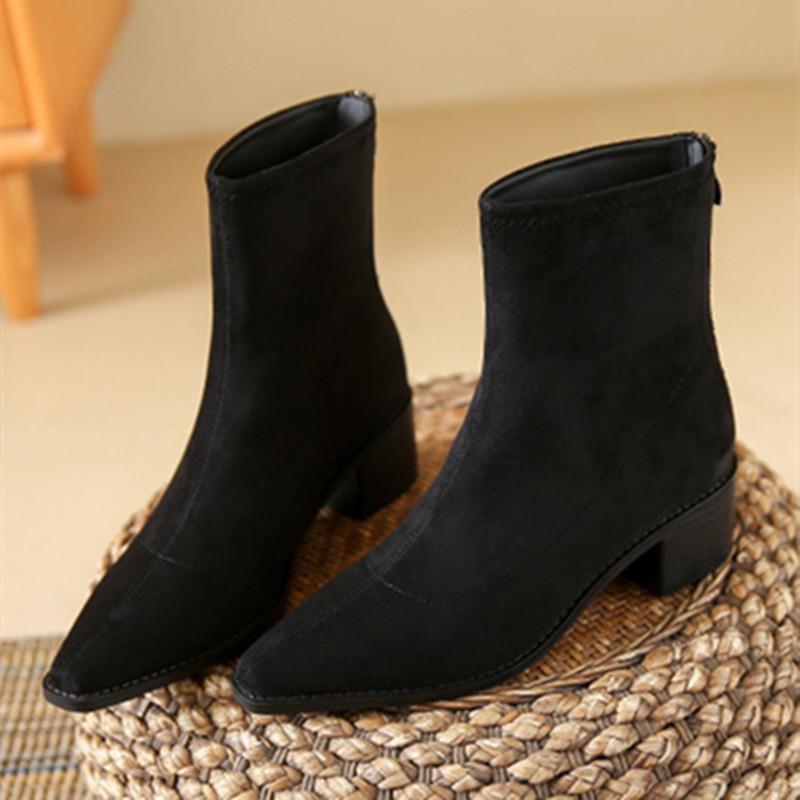 

Модные Высококачественные Ботильоны из Искусственной Замши Женские Модные С Острым Носком С Отделкой Задняя Молния Дизайнерские Ботинки Удобные Танкетки Модные Ботинки 35 чёрный