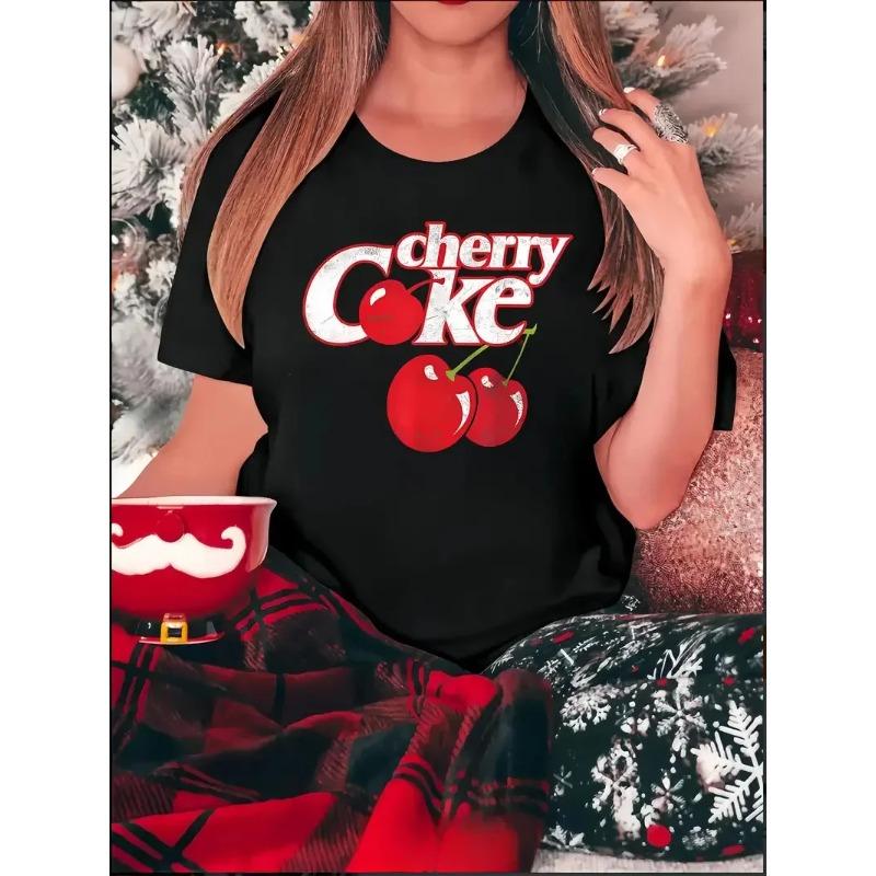 Summer Round Neck 3D Cherry Print Top Fashionable Casual Short Sleeved Women's T-shirts