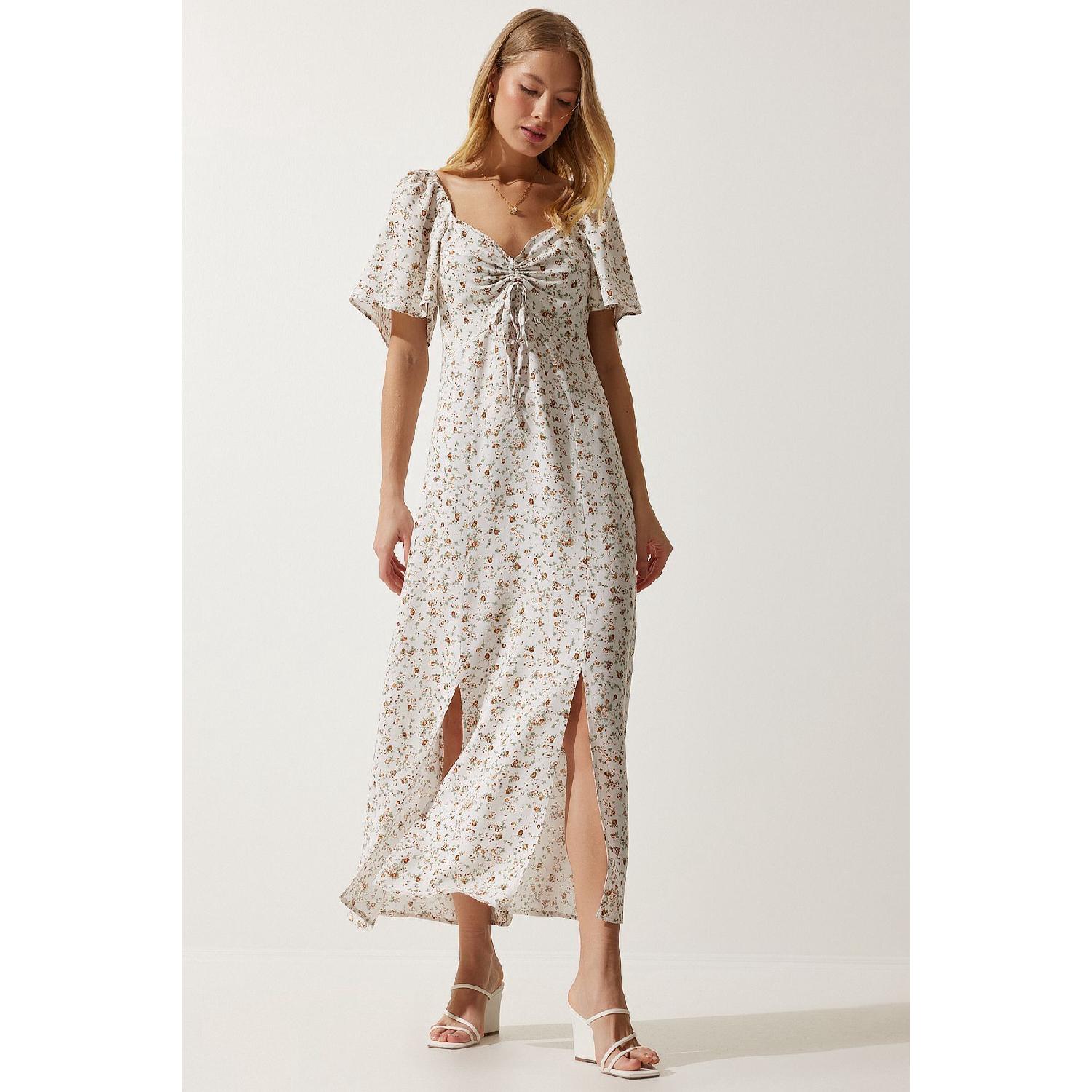 

Платье из вискозы с разрезом и воланами цвета экрю 36 экрю