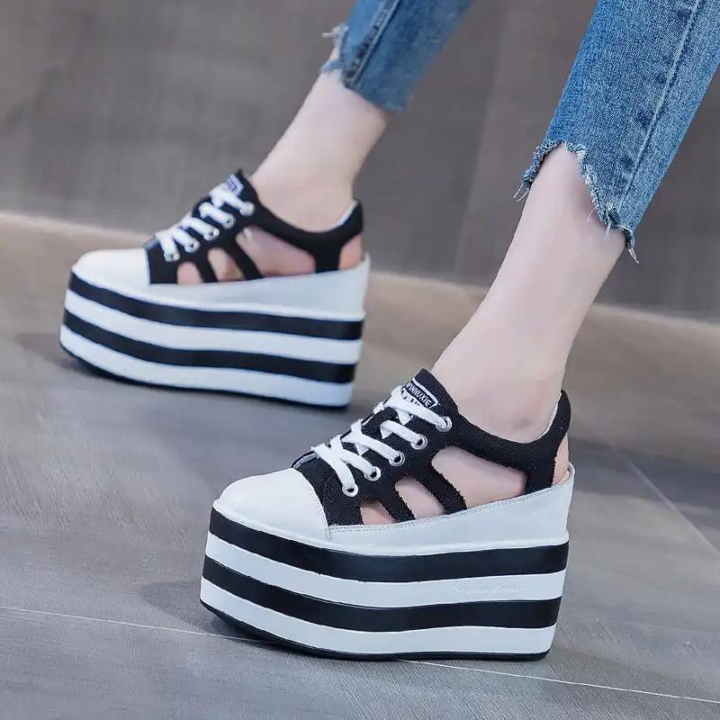 High Quality 12cm Platform Wedge Shoes Sandals for Women Sneakers Summer Shoes Hollow Cut Summer Sneakers Genuine Leather 2025