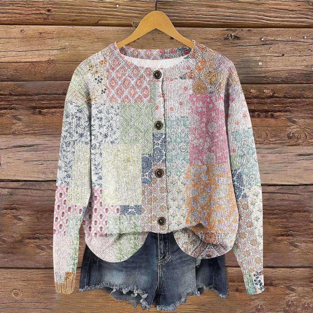 Women's Vintage Knit Button Vintage Print Cardigan Jacket
