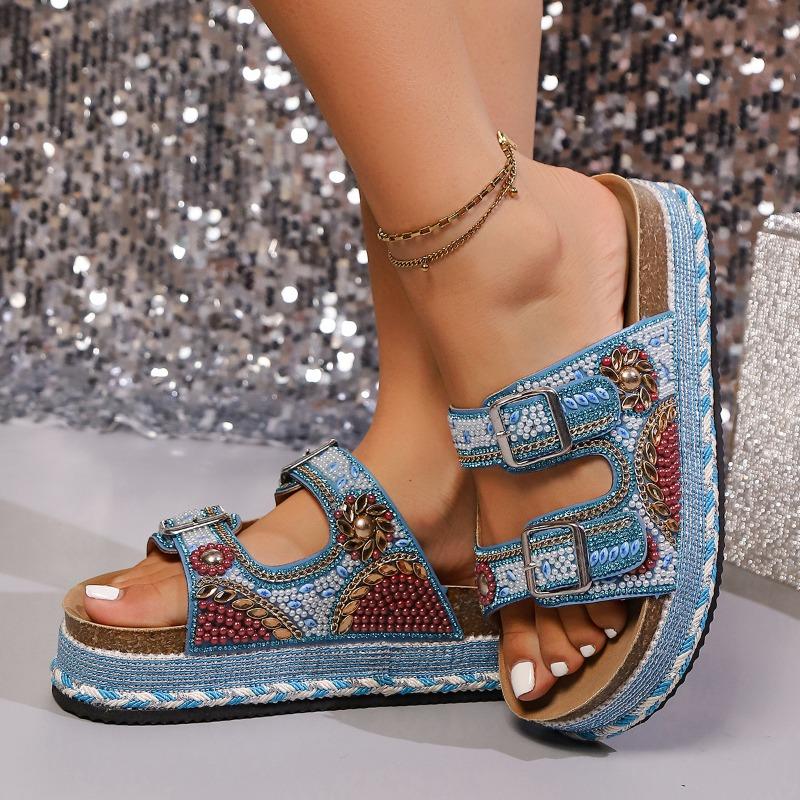 Women's Plus Size Summer Platform Chunky Sole Color Block Rhinestone Double Buckle Cork One Strap Slide Sandals