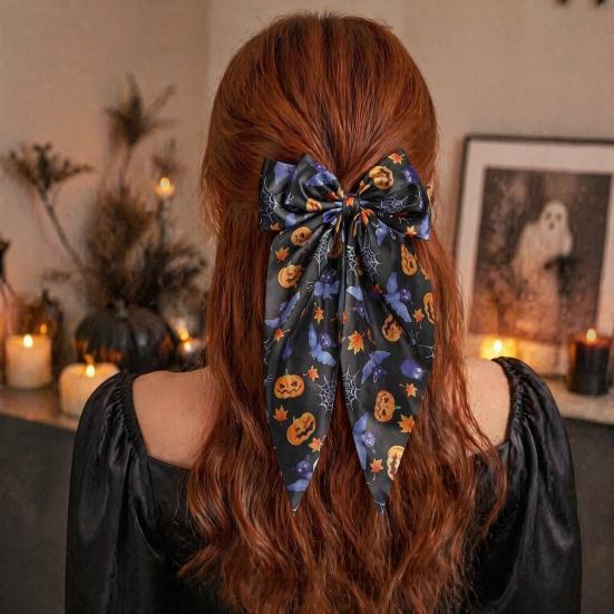 Halloween Decorative Clip Silky Satin Hair Bows for Women, Big Ribbon Bow Clips Girls, Hairstyle Accessory Oversized Long Tail Barrettes,