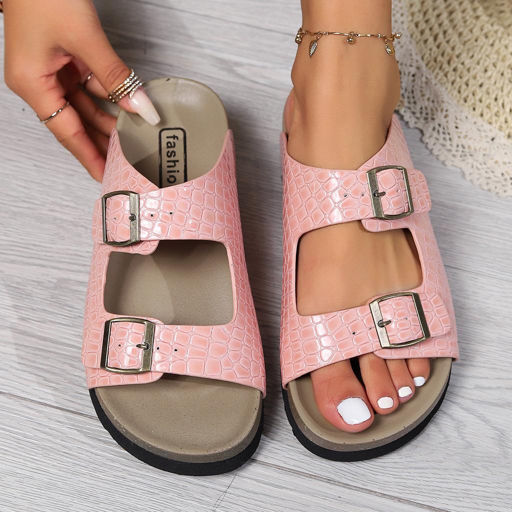Flat Bottomed Casual Slippers Double Buttons and Exposed Toes Stone Patterned Women's Slippers