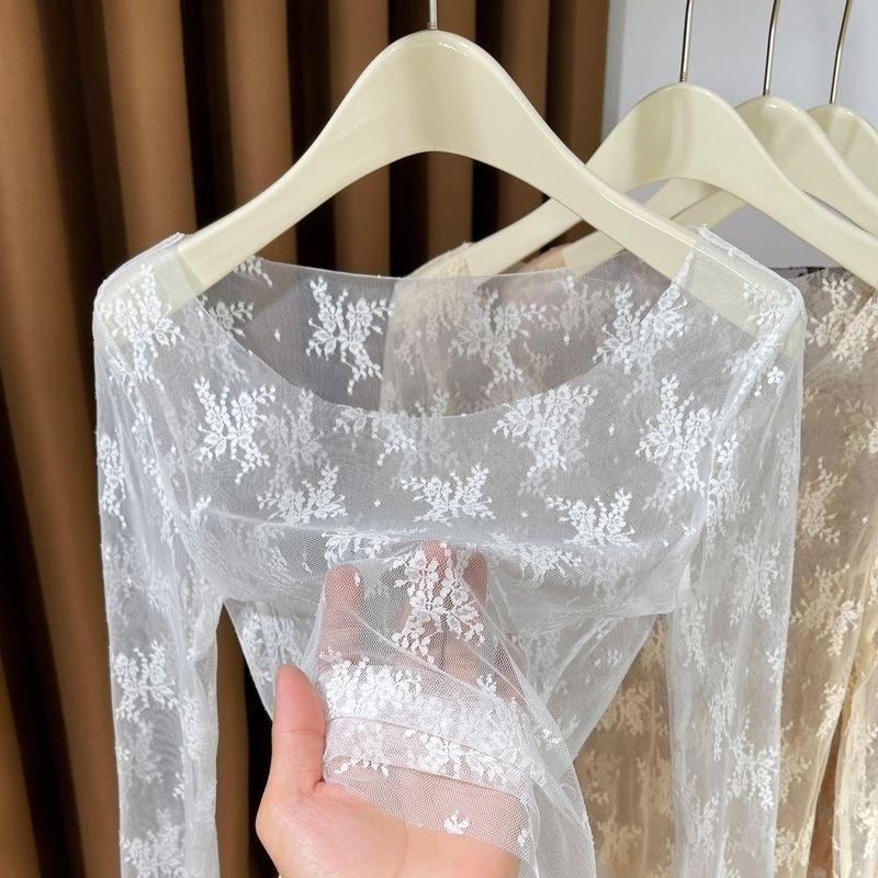 Women's Round Neck Lace Ultra-Thin Camisole Fashion Inner Wear Sheer Chiffon High-End Transparent Mesh Top Low-Cut Blouse
