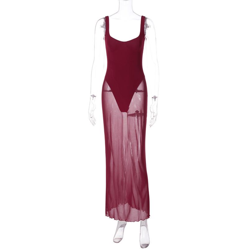 

Splicing Mesh Skirt Edge Suspender Dress Patchwork Tulle Skirt Side Sling Dress Wine red S