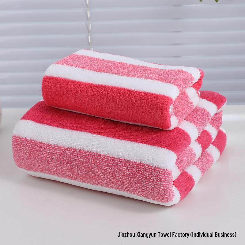 Coral Fleece Double-Sided Striped Bath Towel, Thick & Soft for Adults & Children